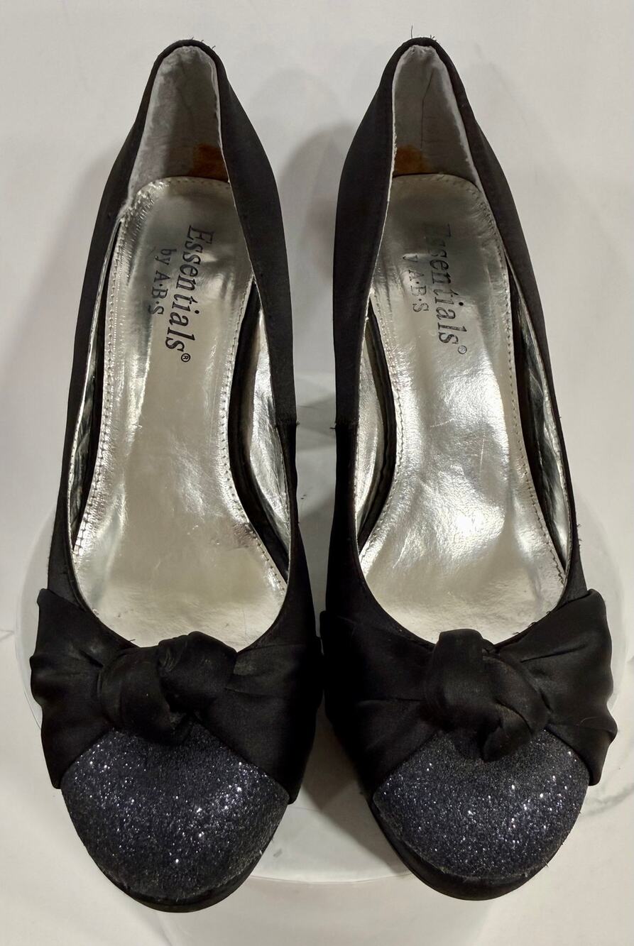 Y2K Essentials by ABS Satin Pumps Glitter Peep Toe Bow Platform Heels Women's 9M